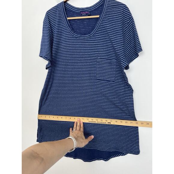 FRESH PRODUCE Women’s L Pinstripe Janey Slub T cotton short sleeve Lagoon Blue - Picture 6 of 9